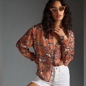 Anthropologie PILCRO Tavi Button down Semi Sheer Blouse XXS - Ruffled 70's Style